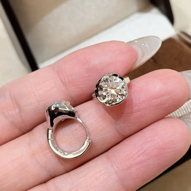 Half Bezel Round Moissanite Hoop Earrings