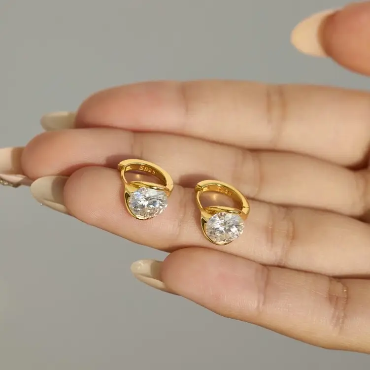 Half Bezel Round Moissanite Hoop Earrings