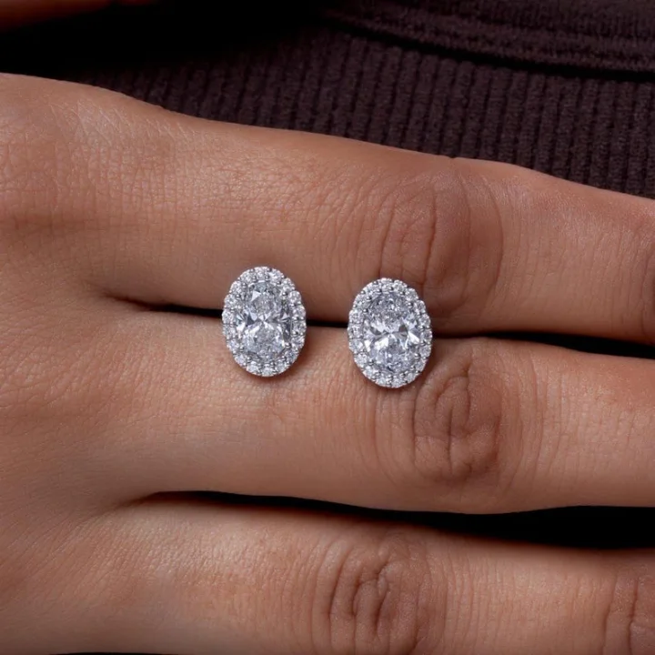Oval Shape Halo Moissanite Earrings