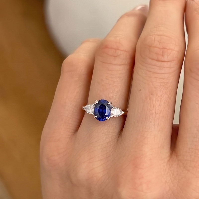 Three Stones Oval Sapphire Engagement Ring with Pear Moissanite