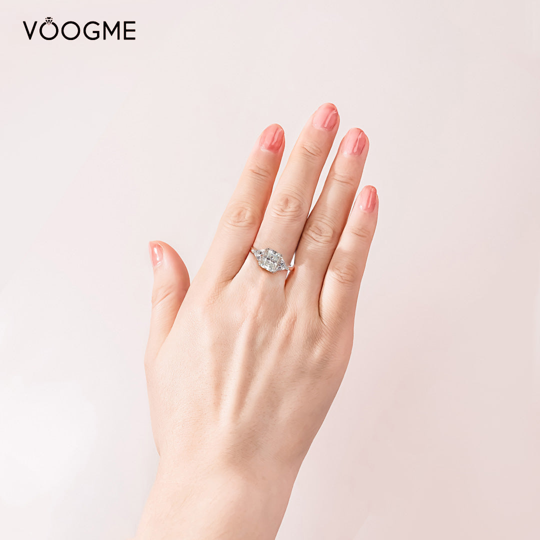Three Stone Radiant Moissanite Engagement Ring 2.0 ct-VOOGME