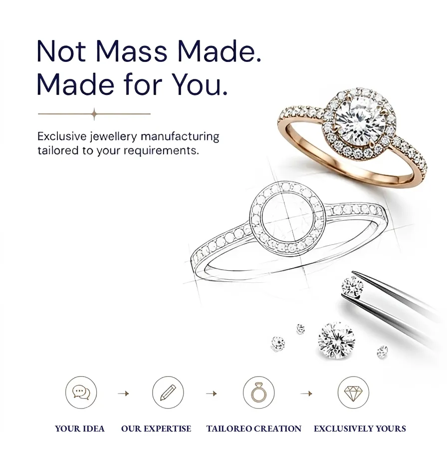 A professional jewelry design atelier setting showing a custom moissanite engagement ring next to its original hand-drawn CAD design sketch - VOOGMECHIC bespoke custom jewelry