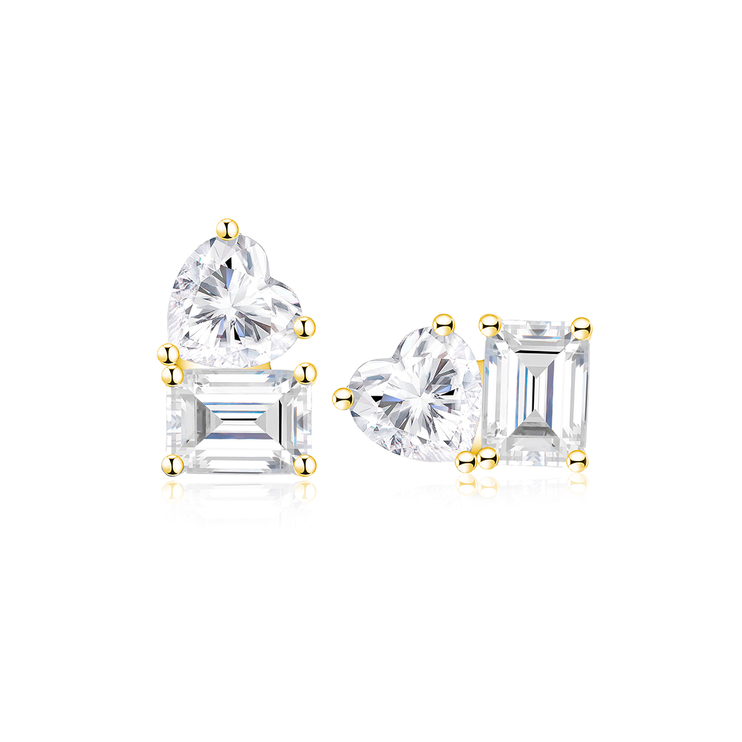 Toi Et Moi Emerald and Heart Moissanite Stud Earrings