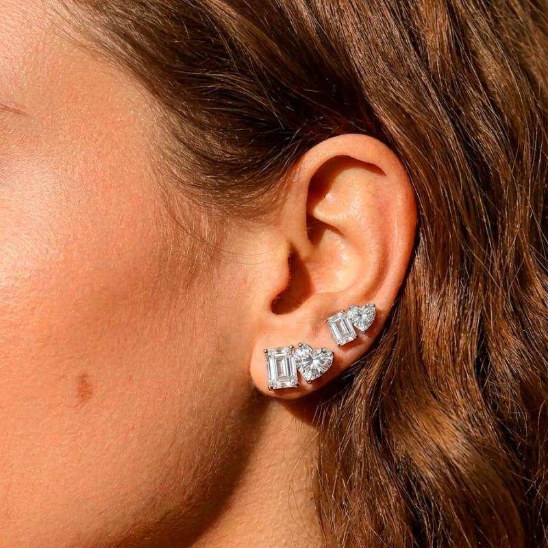Toi Et Moi Emerald and Heart Moissanite Stud Earrings