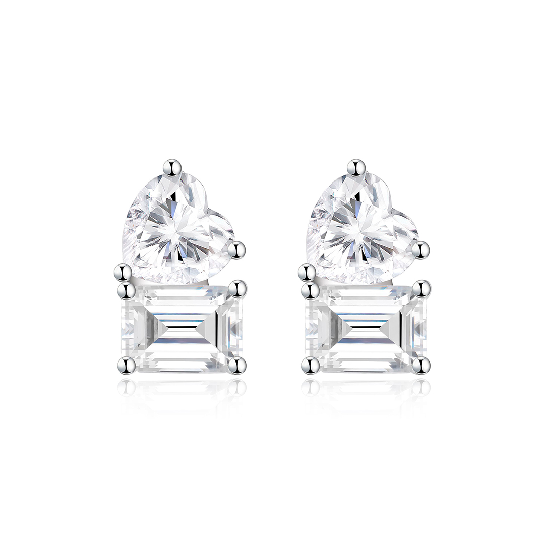 Toi Et Moi Emerald and Heart Moissanite Stud Earrings