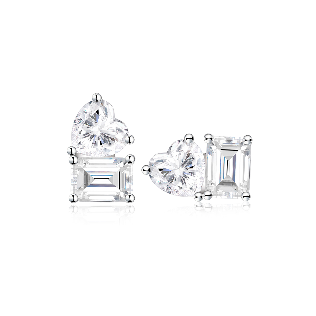 Toi Et Moi Emerald and Heart Moissanite Stud Earrings