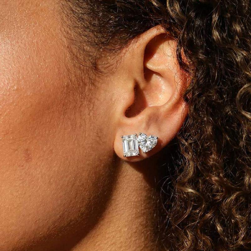 Toi Et Moi Emerald and Heart Moissanite Stud Earrings