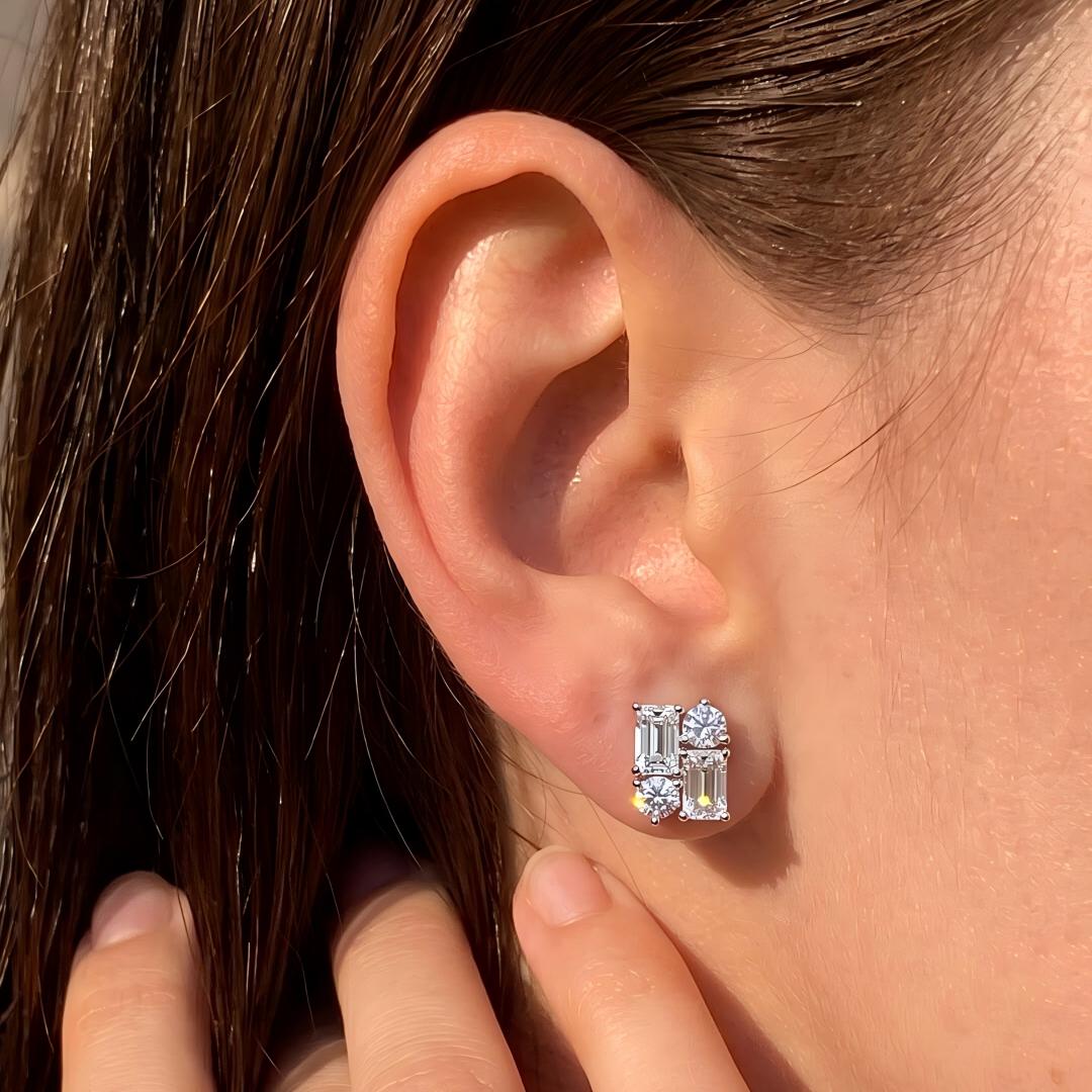 Geometric Round&Emerald Moissanite Stud Earrings