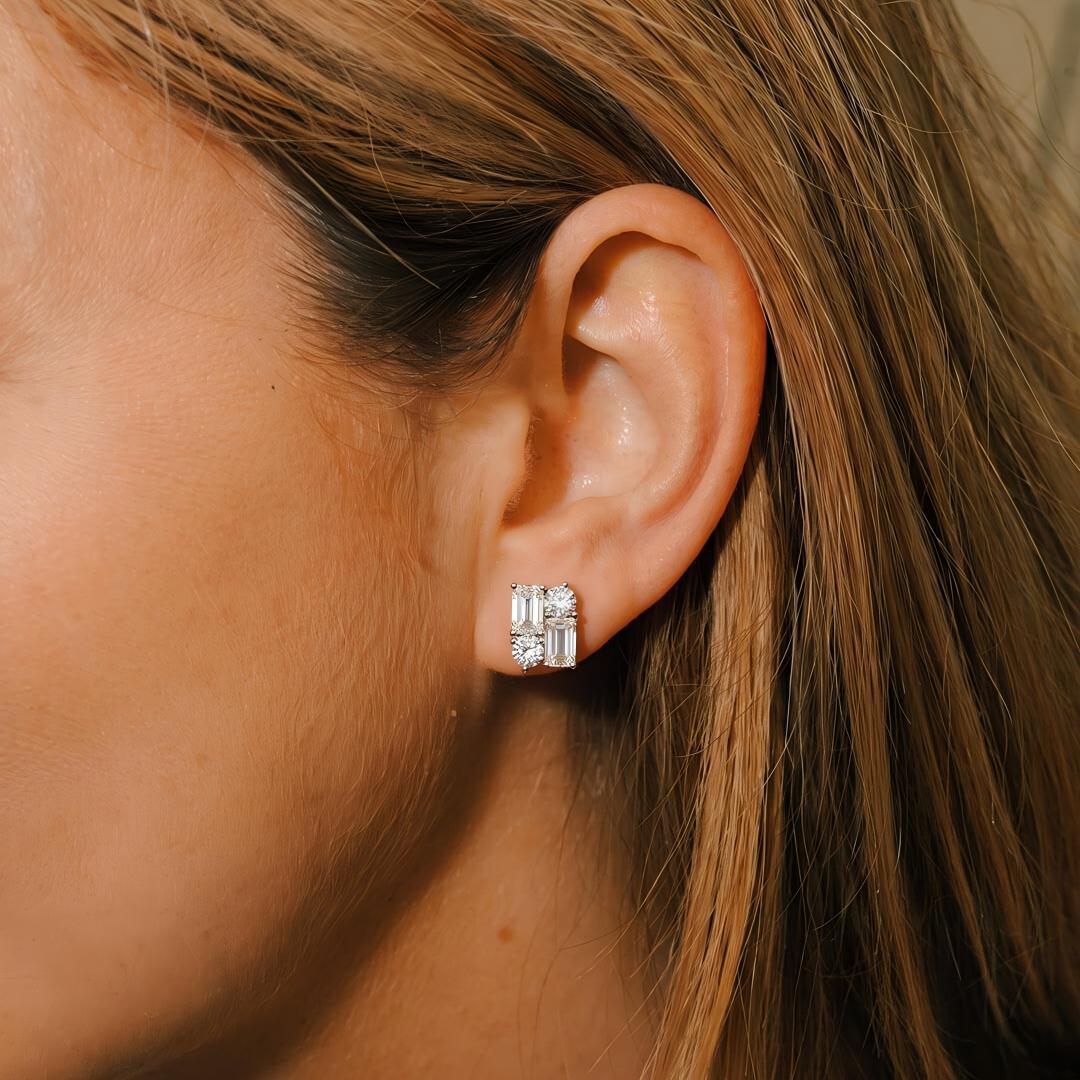 Geometric Round&Emerald Moissanite Stud Earrings