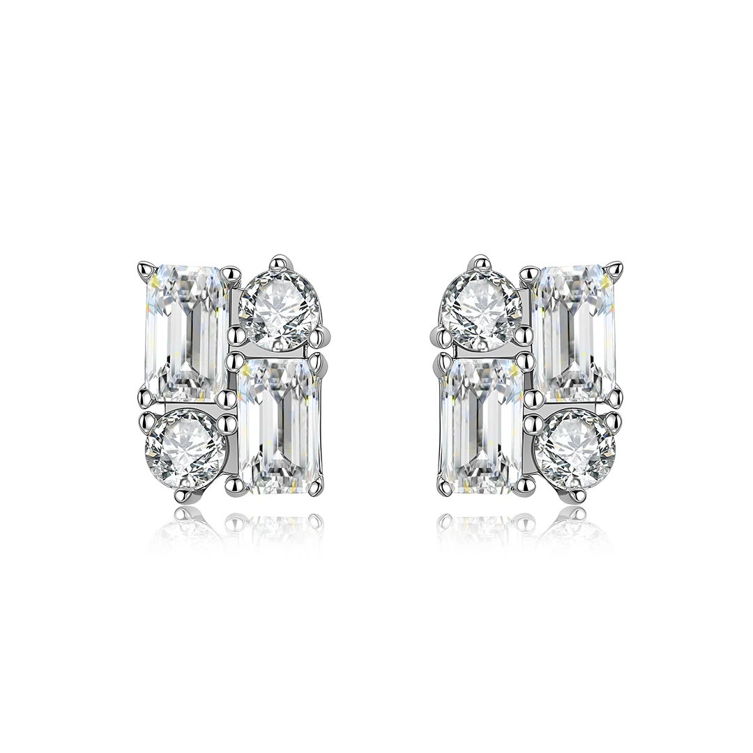Geometric Round&Emerald Moissanite Stud Earrings