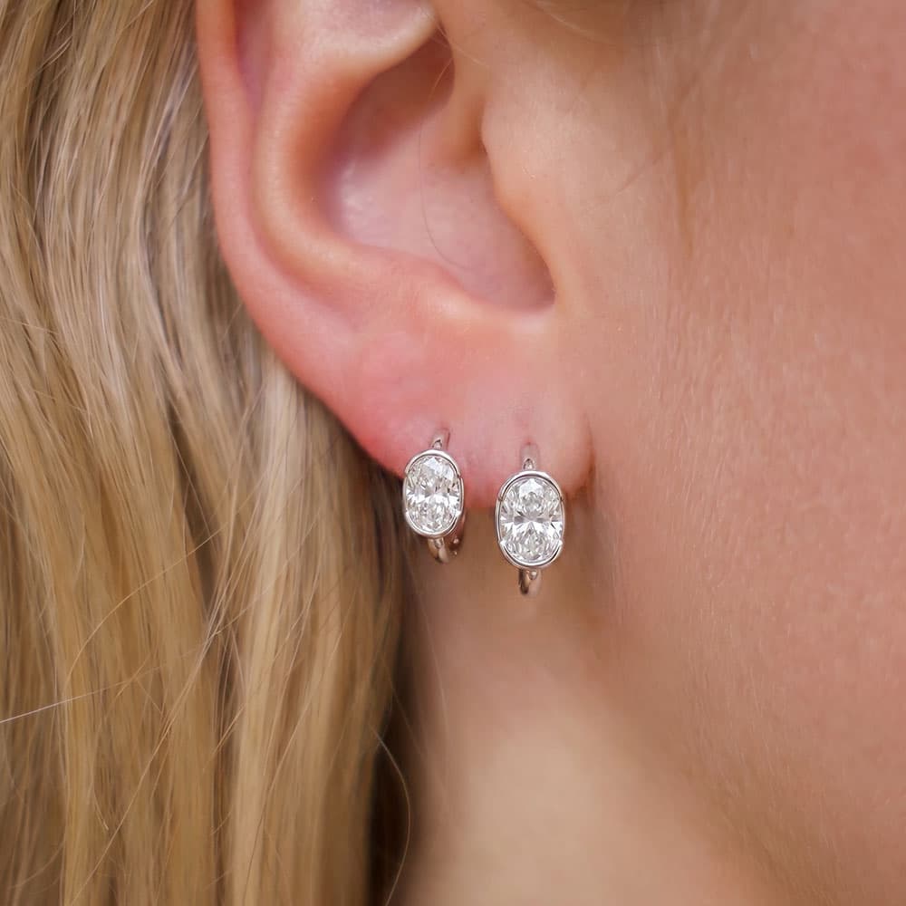 Half Bezel Oval Moissanite Hoop Earrings