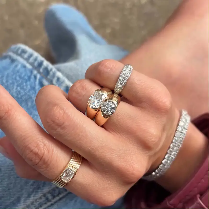Half Bezel Oval Moissanite Engagement Ring