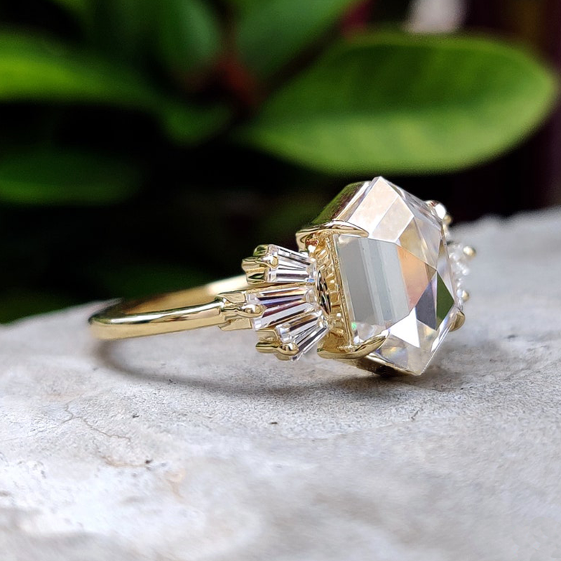 Baguette Cluster Hexagon Rose Cut Moissanite Ring-VOOGME