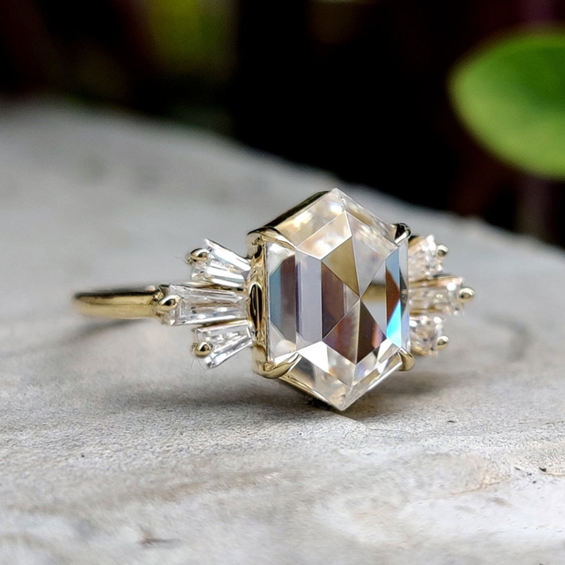 Baguette Cluster Hexagon Rose Cut Moissanite Ring-VOOGME
