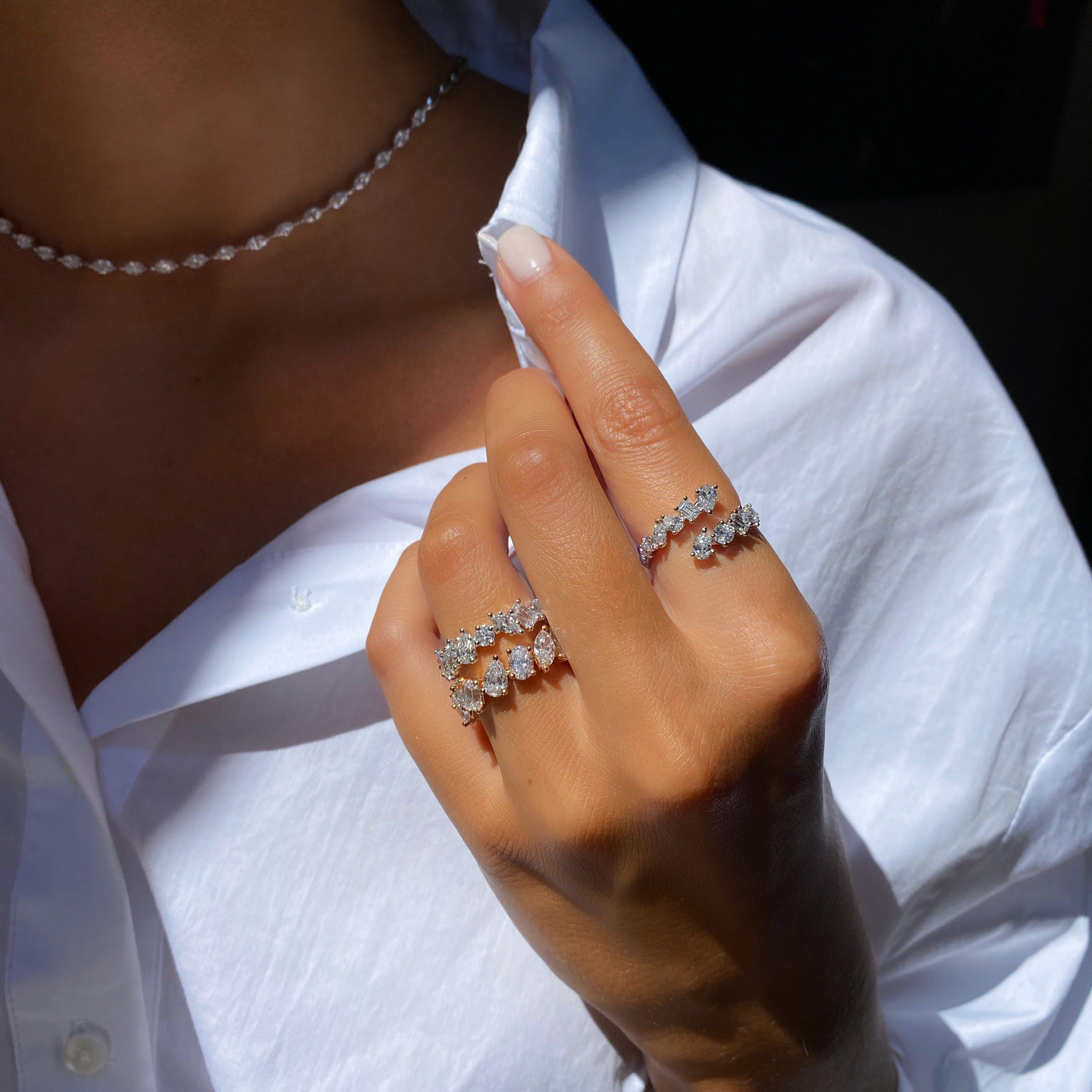 Multi Shape Moissanite Twist Ring Band-VOOGME