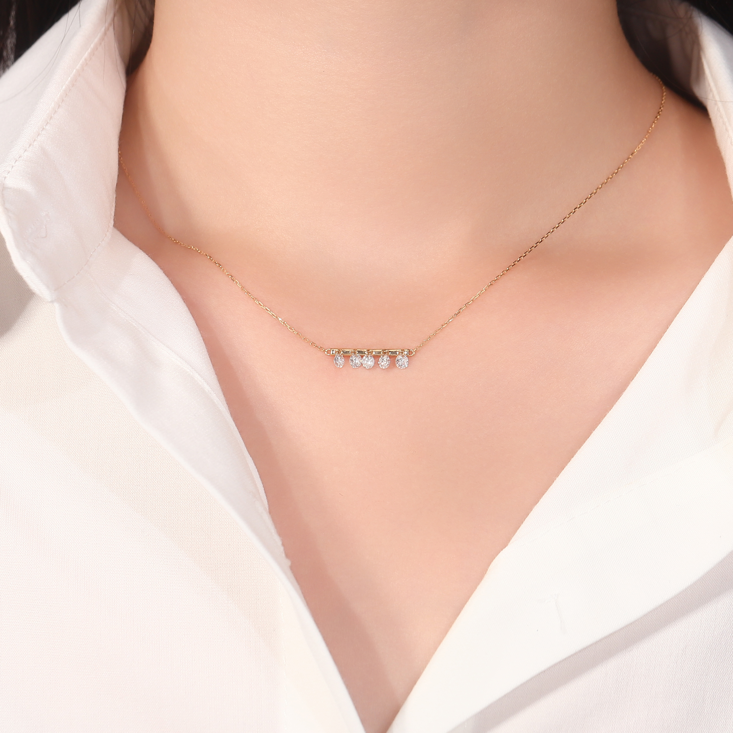 18K Gold Lab-Created Diamond 5-Stone Bar Necklace