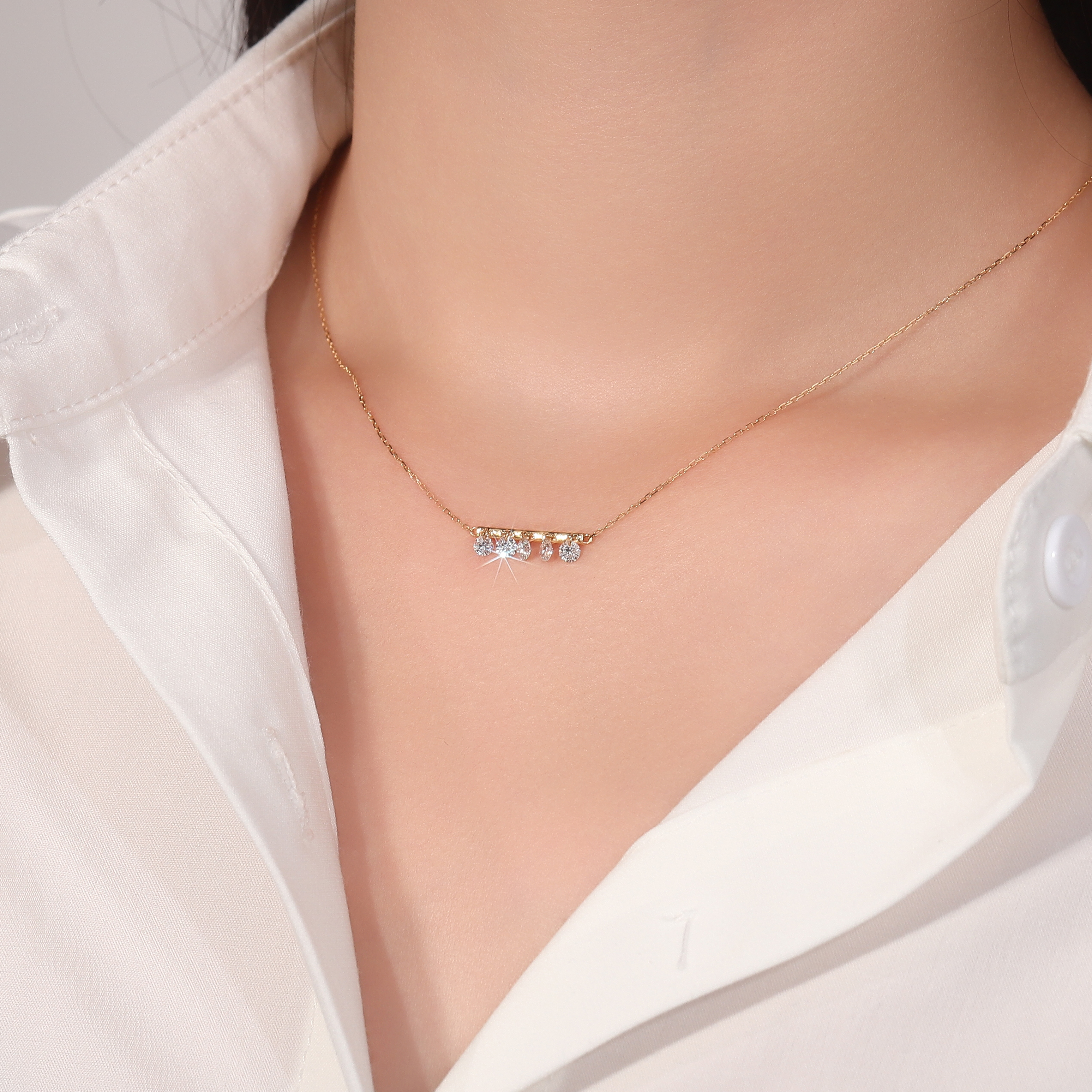 18K Gold Lab-Created Diamond 5-Stone Bar Necklace