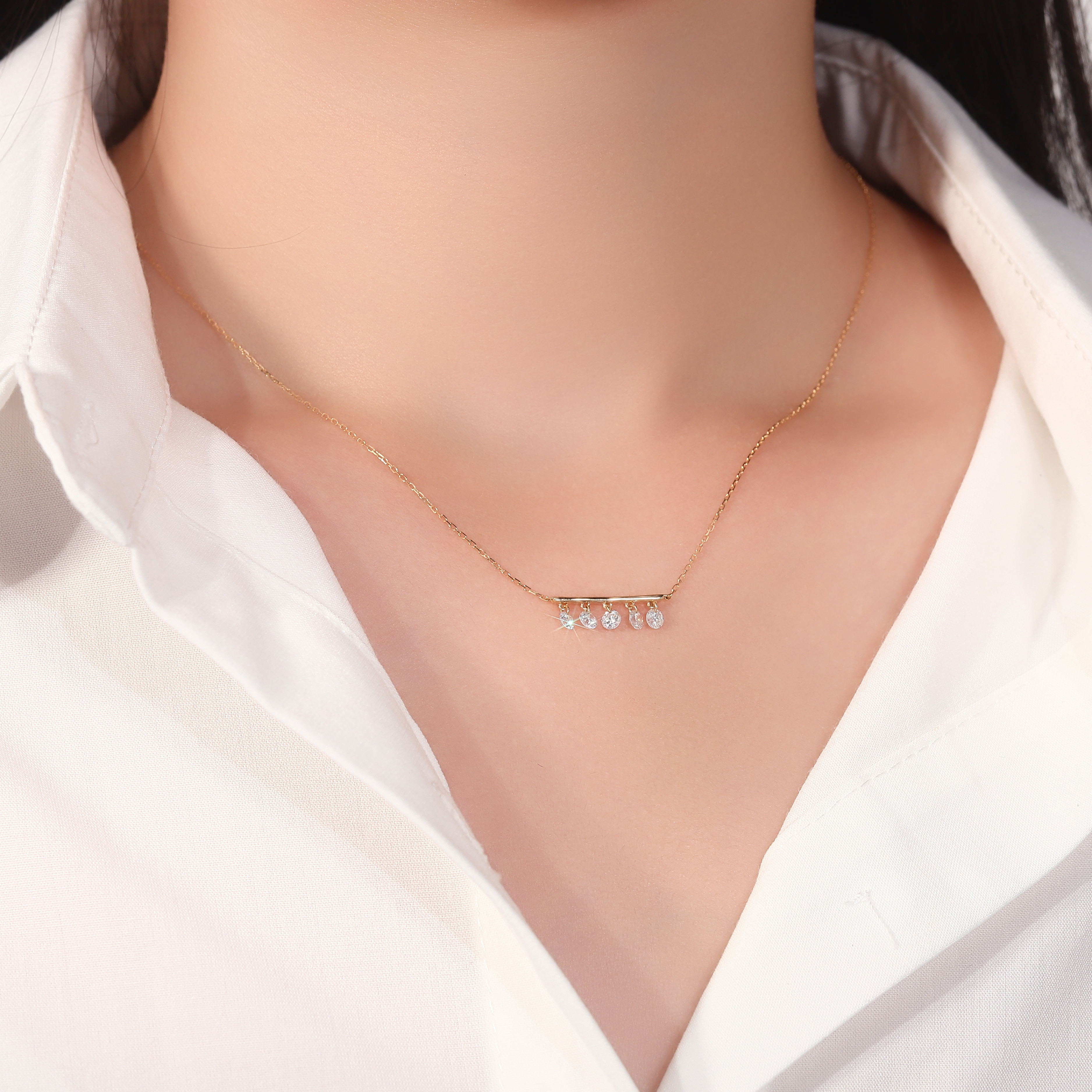 18K Gold Lab-Created Diamond 5-Stone Bar Necklace