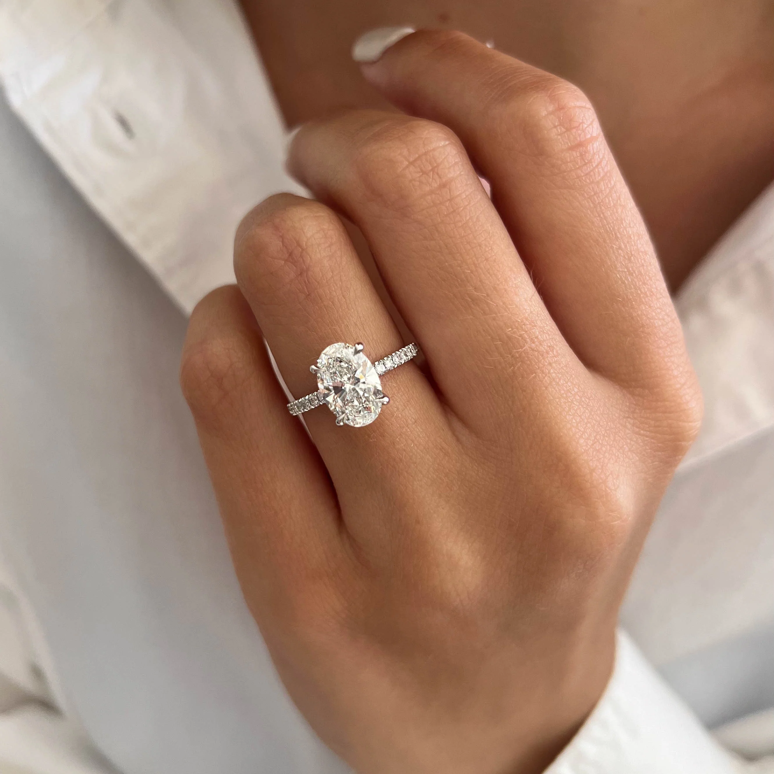 French Pave Hidden Halo Oval Moissanite  Ring