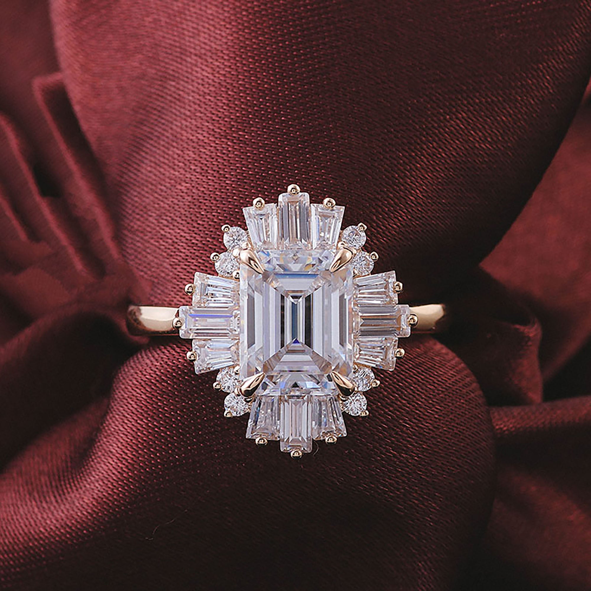 Baguette Cluster Halo Emerald Moissanite Ring-VOOGME