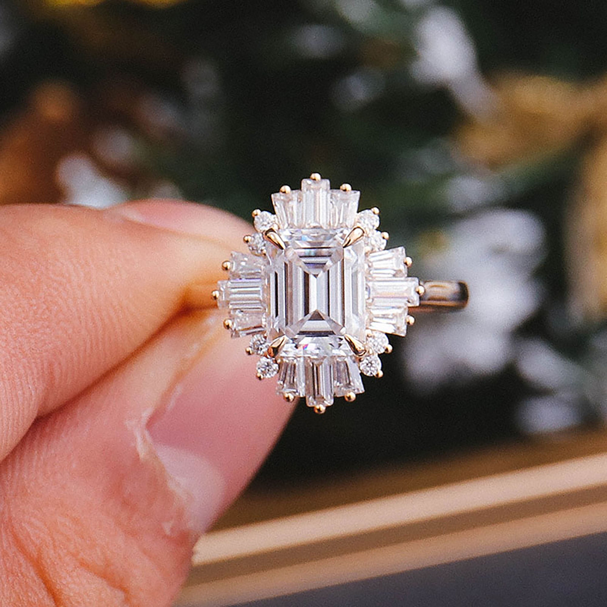 Baguette Cluster Halo Emerald Moissanite Ring-VOOGME