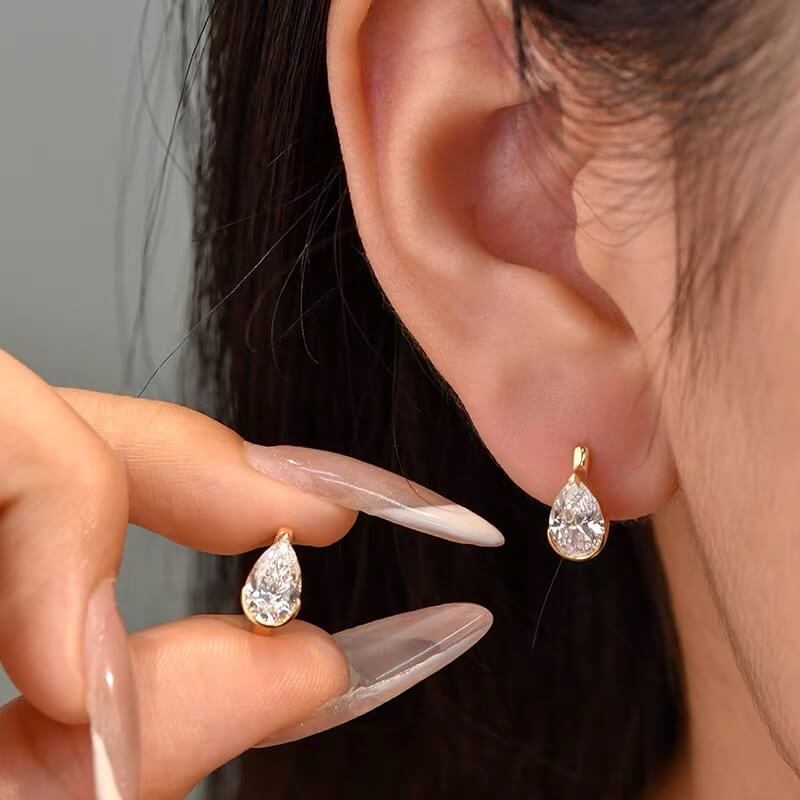Half Bezel Pear Moissanite Hoop Earrings