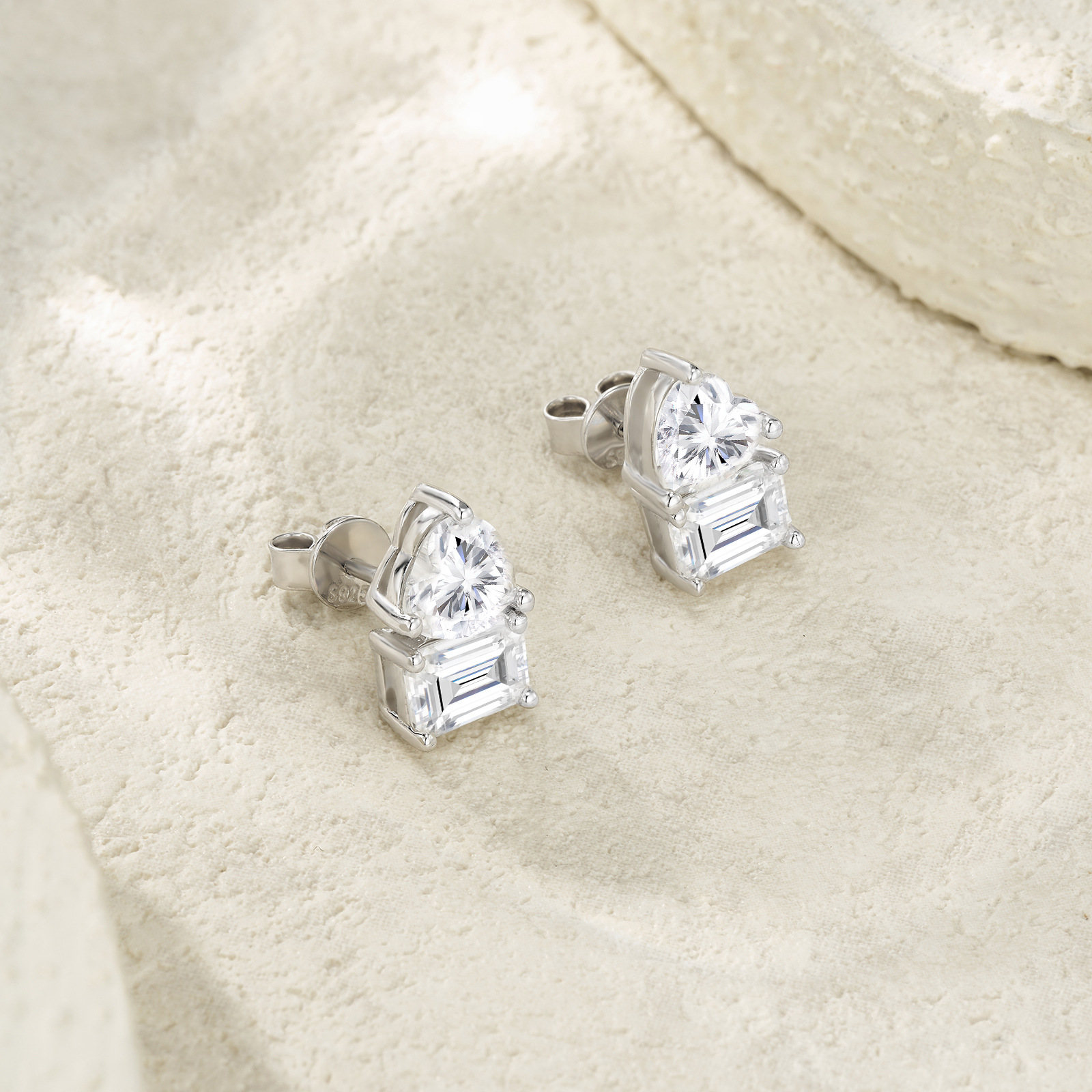 Toi Et Moi Emerald and Heart Moissanite Stud Earrings