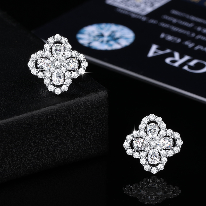 Halo Clover Moissanite Stud Earrings