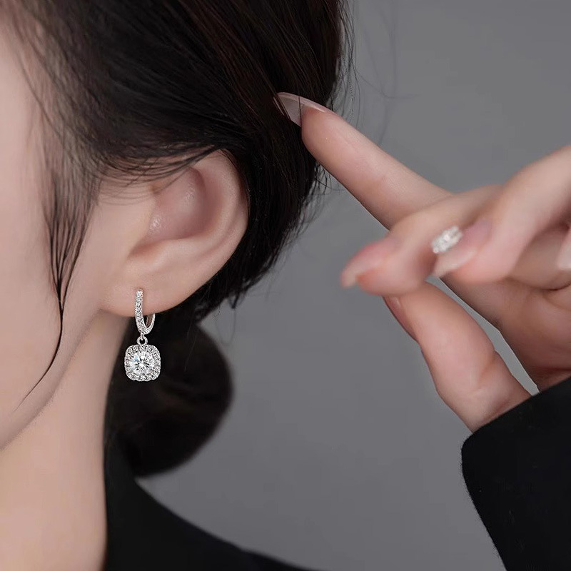 Square Halo Moissanite Drop Earrings-VOOGME