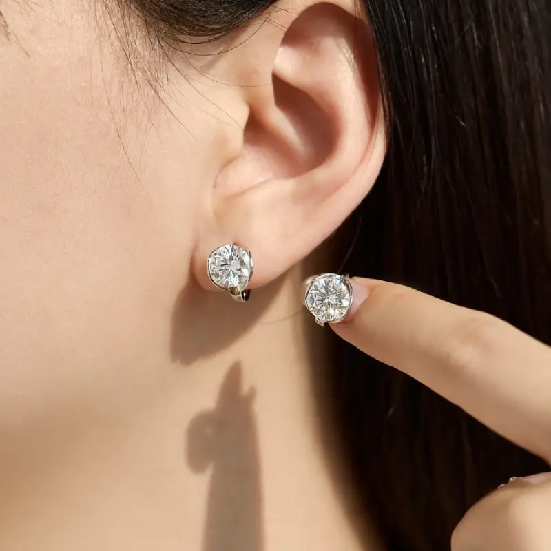 Half Bezel Round Moissanite Hoop Earrings