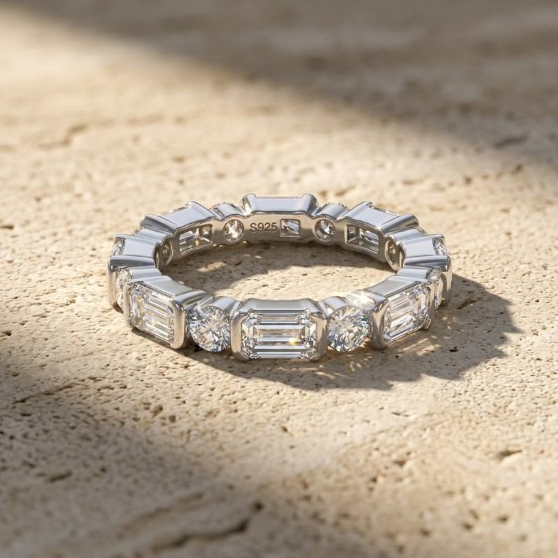 Emerald&Round Eternity Moissanite Ring