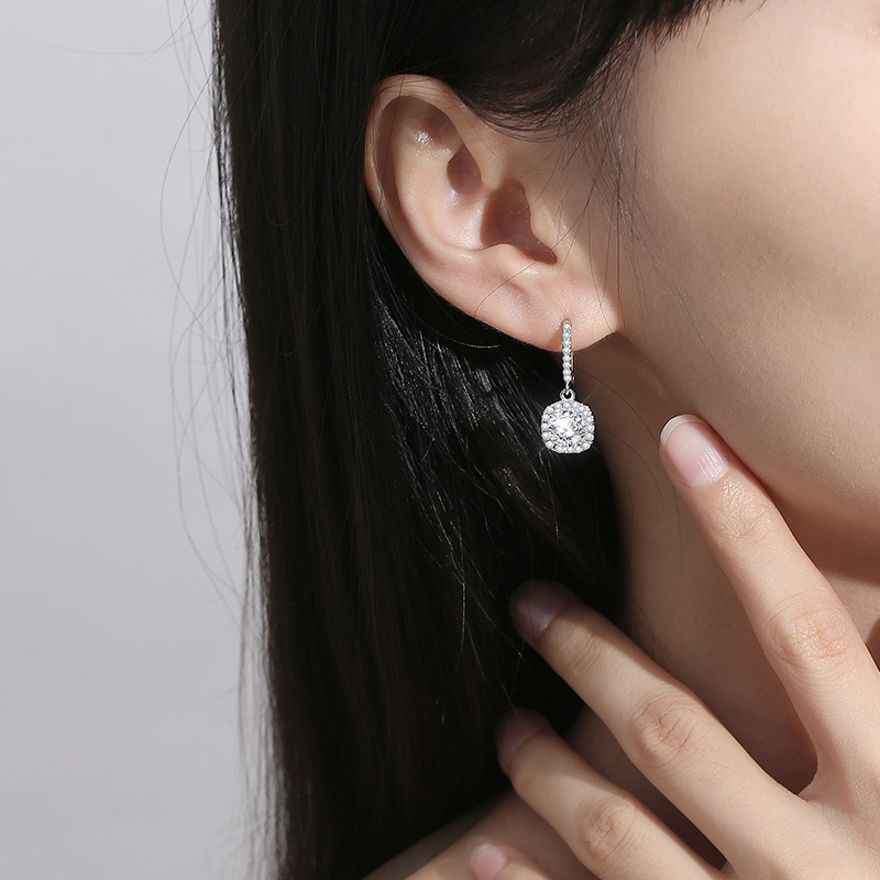 Square Halo Moissanite Drop Earrings-VOOGME