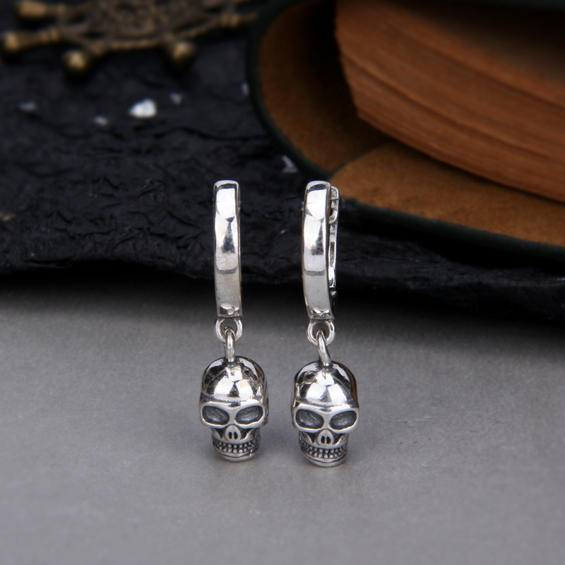 Vintage Skull Silver Drop Earrings