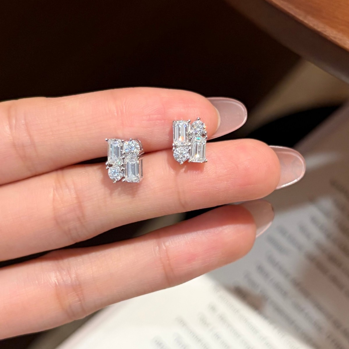 Geometric Round&Emerald Moissanite Stud Earrings