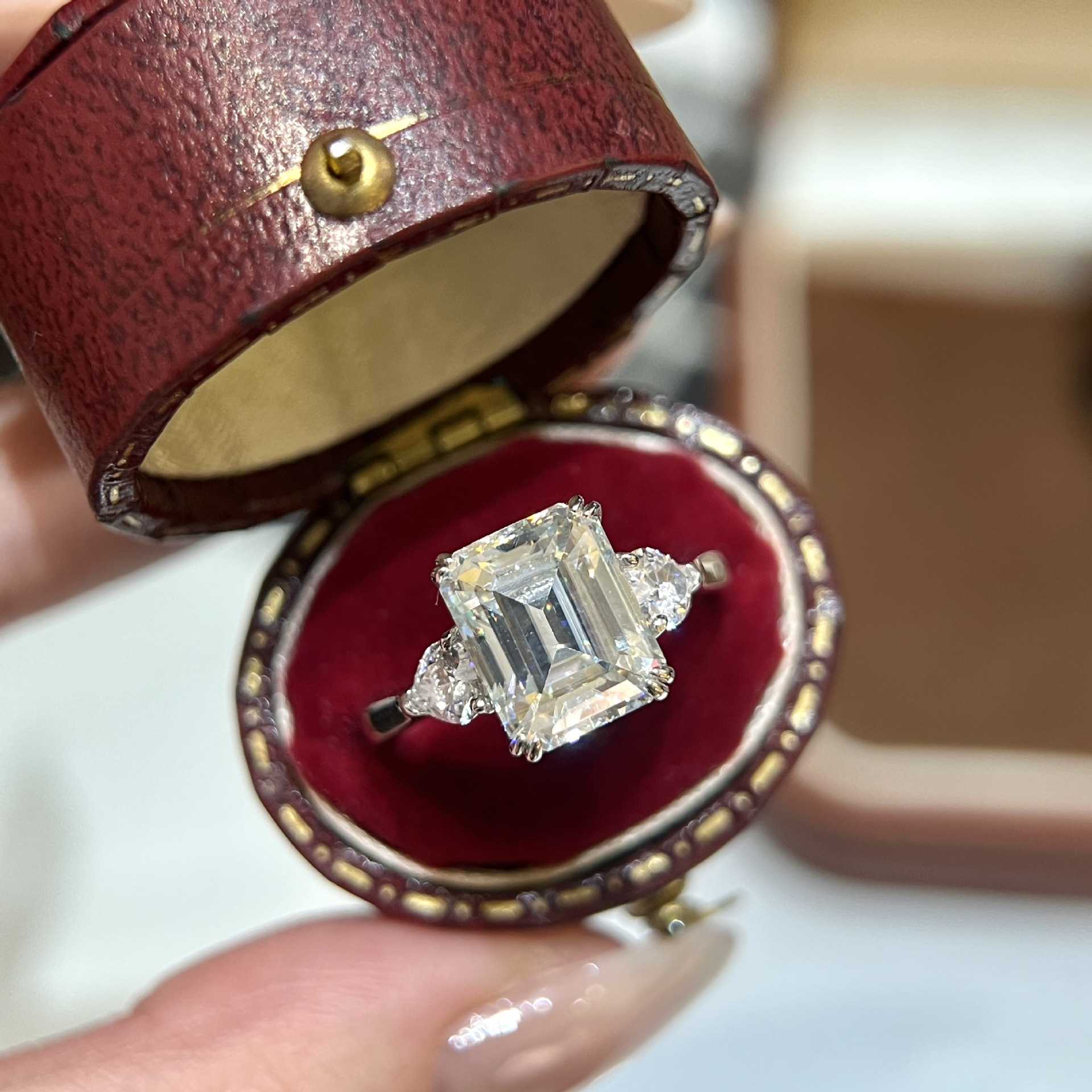 Emerald Three-Stone Moissanite Engagement Ring