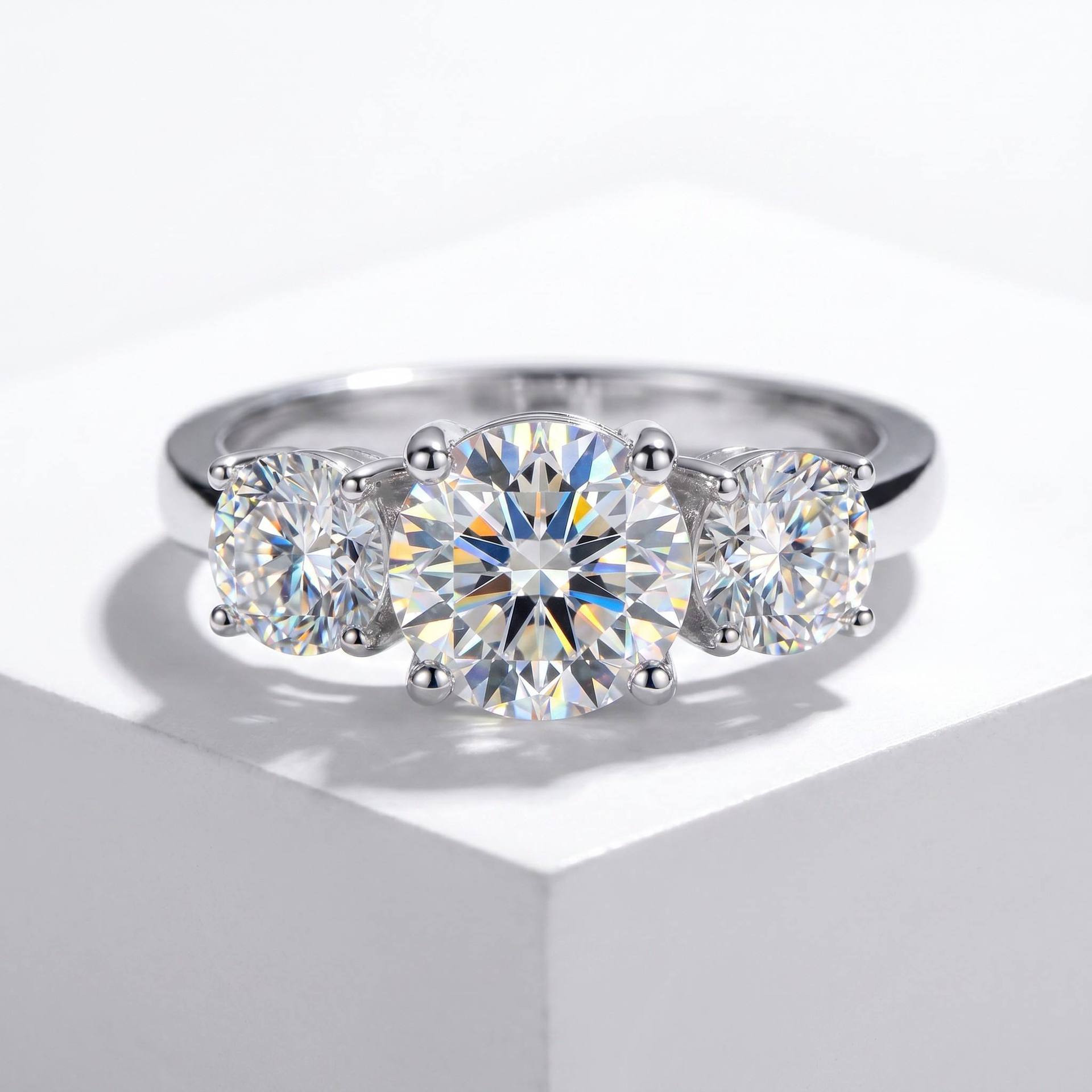 Three-Stone Four-Prong Moissanite Engagement Ring