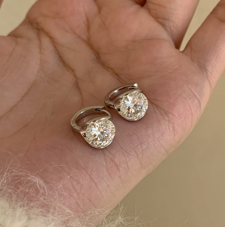Half Bezel Round Moissanite Hoop Earrings