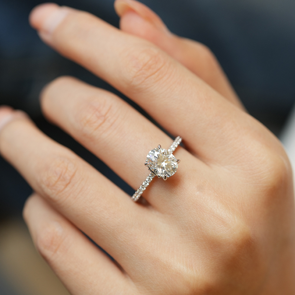 French Pave Hidden Halo Oval Moissanite  Ring