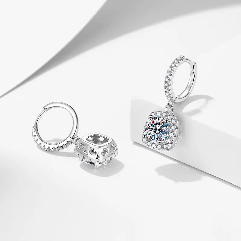 Square Halo Moissanite Drop Earrings