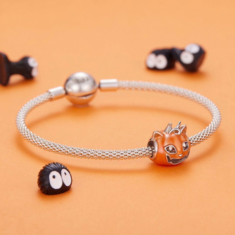 Enchanted Jack-o'-Lantern Cat Silver Bracelet