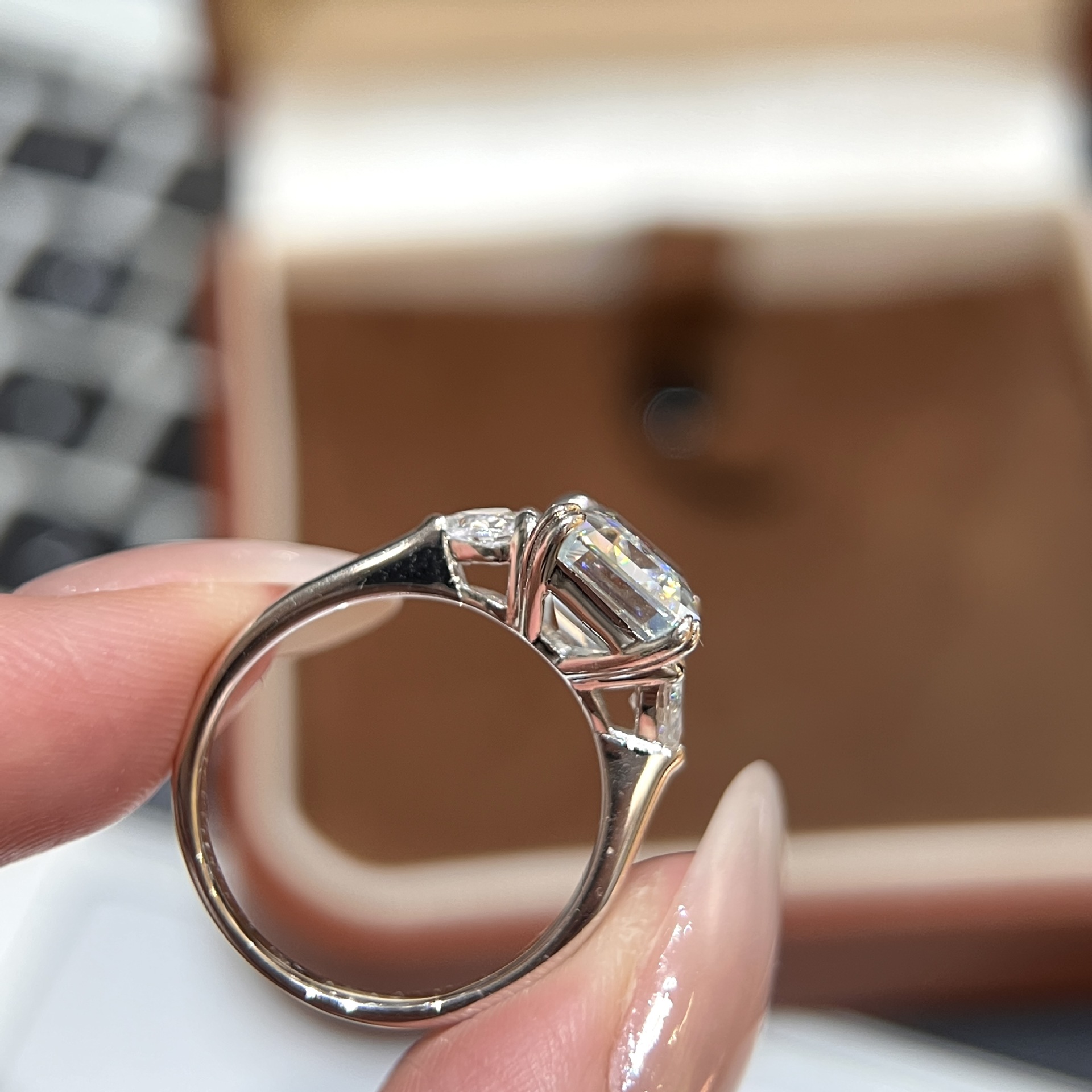 Emerald Three-Stone Moissanite Engagement Ring