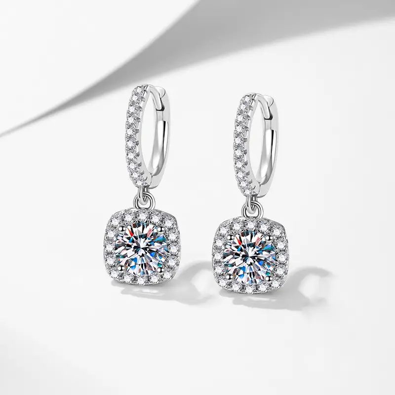 Square Halo Moissanite Drop Earrings