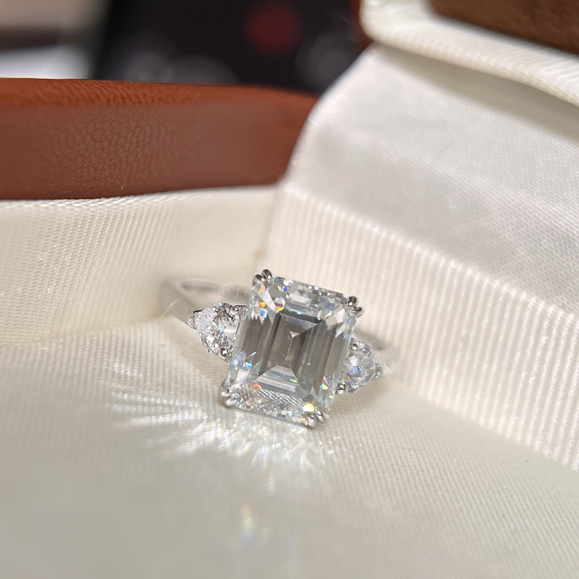 Emerald Three-Stone Moissanite Engagement Ring