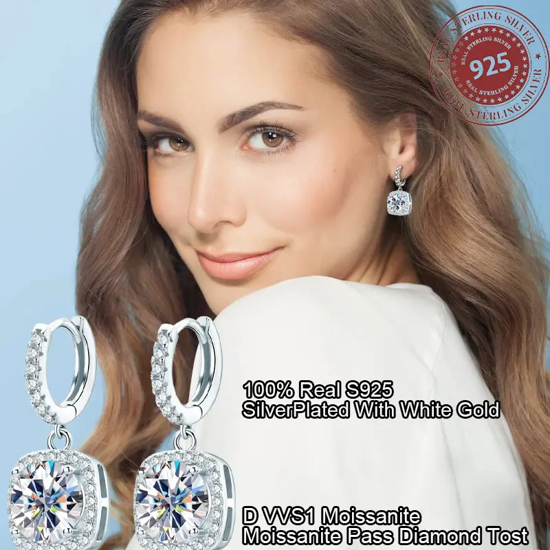 Square Halo Moissanite Drop Earrings