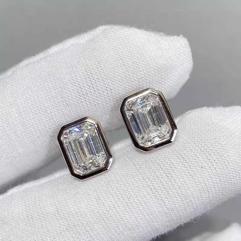 Bezel Emerald Moissanite Stud Earrings