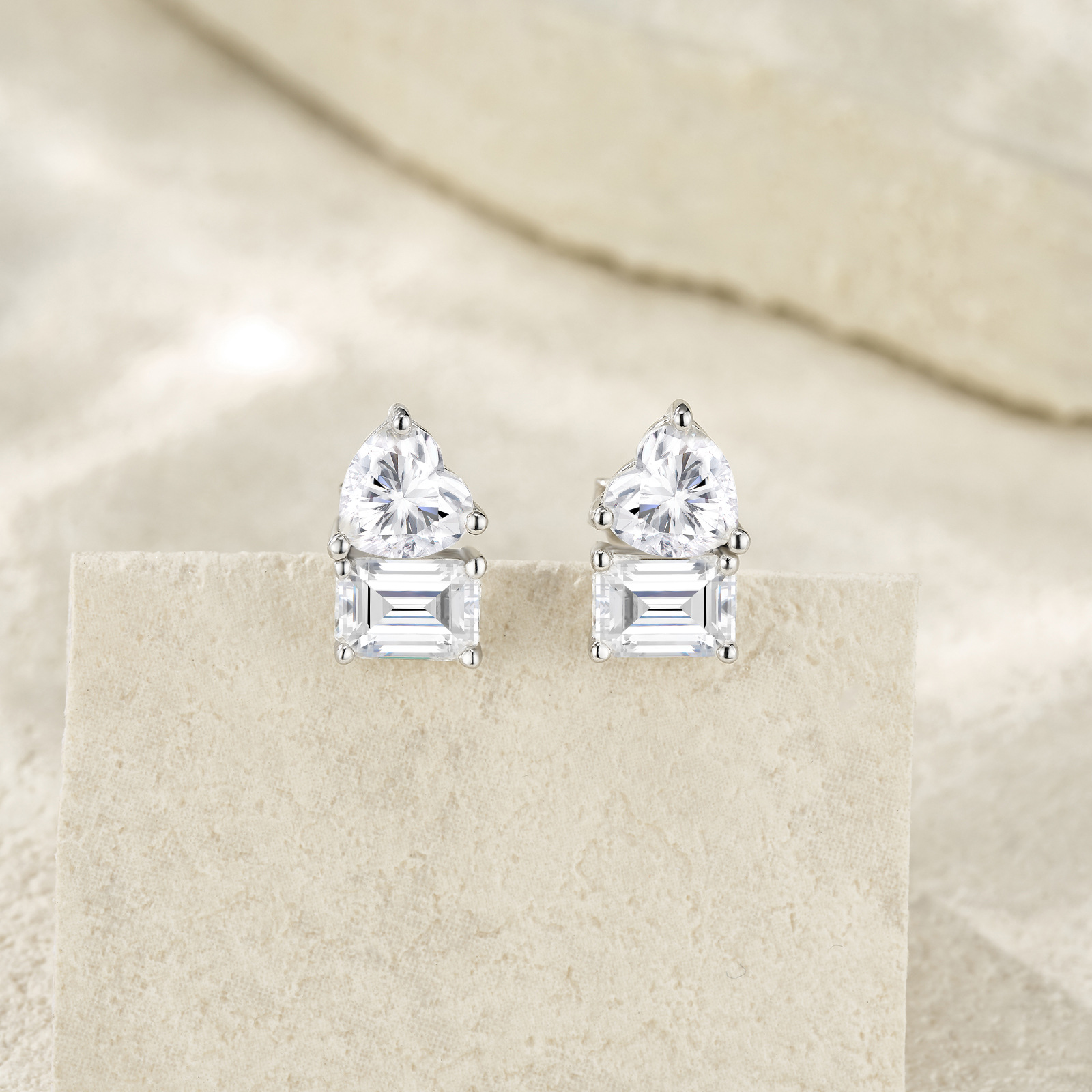 Toi Et Moi Emerald and Heart Moissanite Stud Earrings