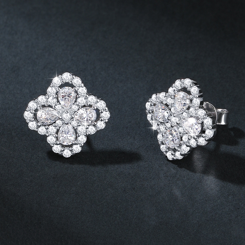 Halo Clover Moissanite Stud Earrings