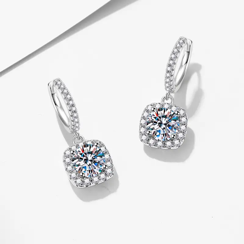 Square Halo Moissanite Drop Earrings