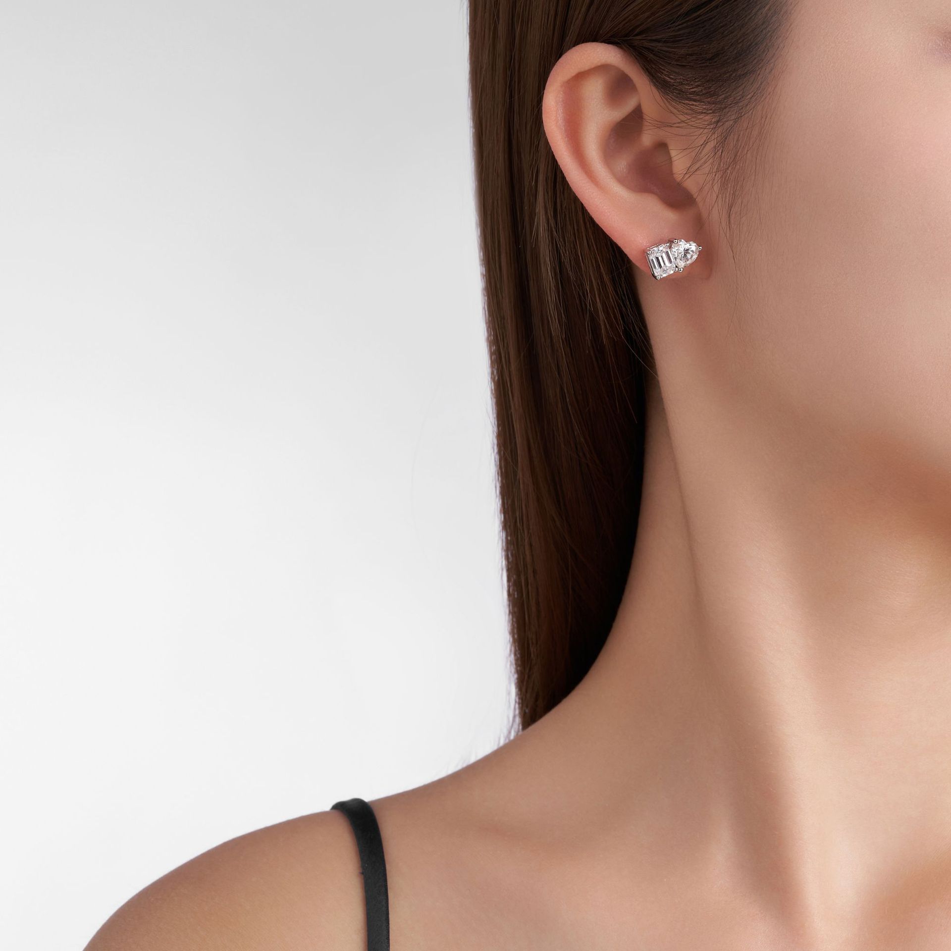 Toi Et Moi Emerald and Heart Moissanite Stud Earrings