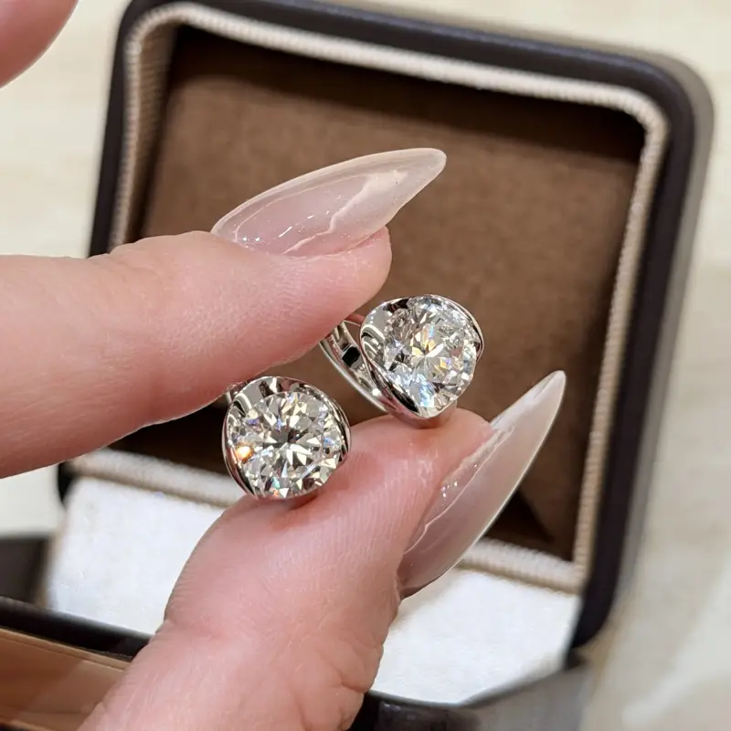 Half Bezel Round Moissanite Hoop Earrings